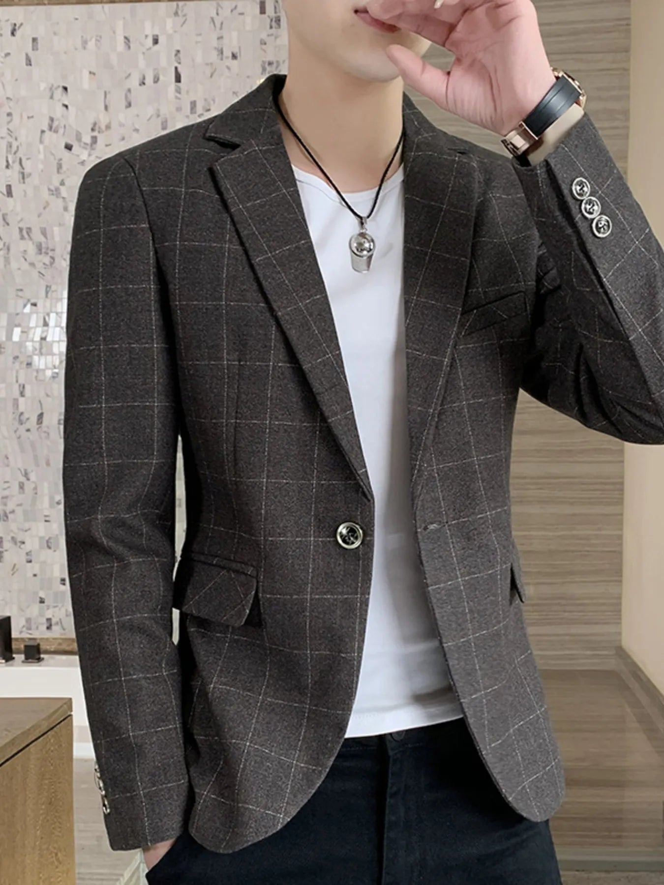 Men's Plus Size Slim Fit Plaid Pattern Blazer - cas7m