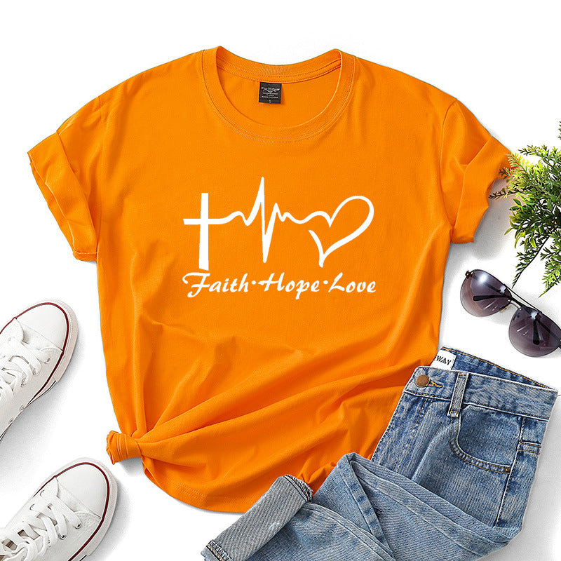 Faith Hope Love Letter Short-sleeved Cotton Bottoming Shirt - cas7m