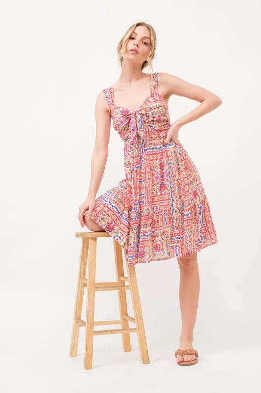 And The Why Tied Front Smocked Back Tiered Boho Printed Dress - cas7m