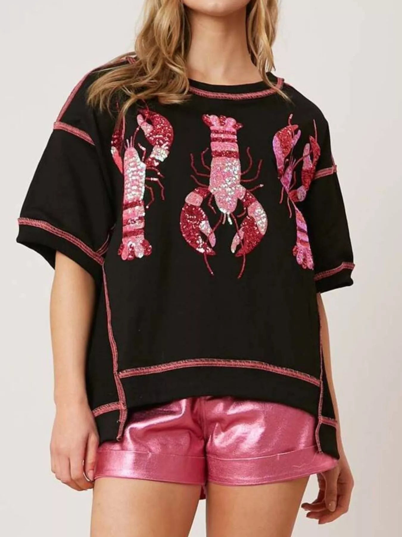 Sequin Lobster Half Sleeve T-Shirt - cas7m