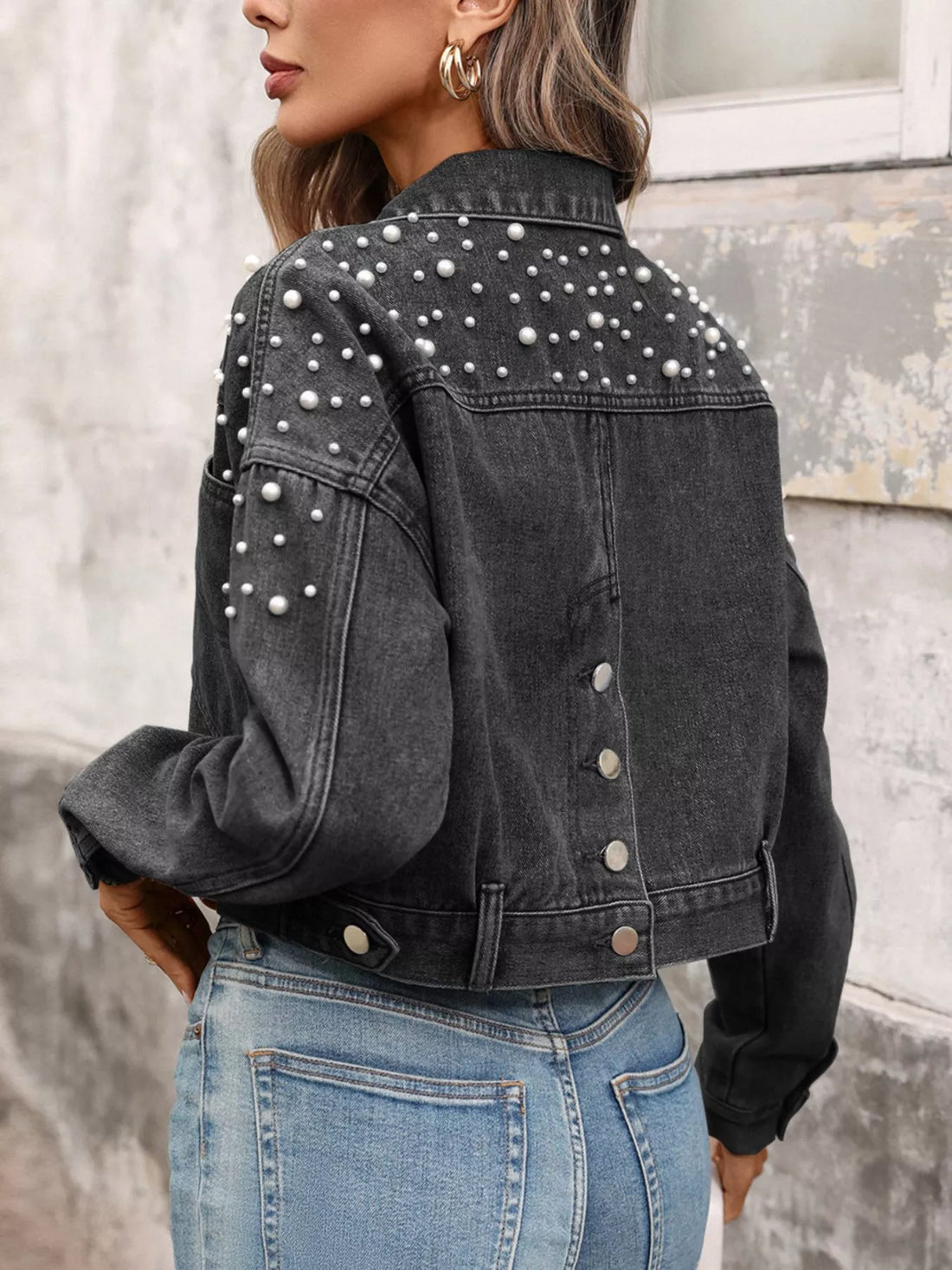 Pearl Embellished Cropped Denim Jacket - cas7m