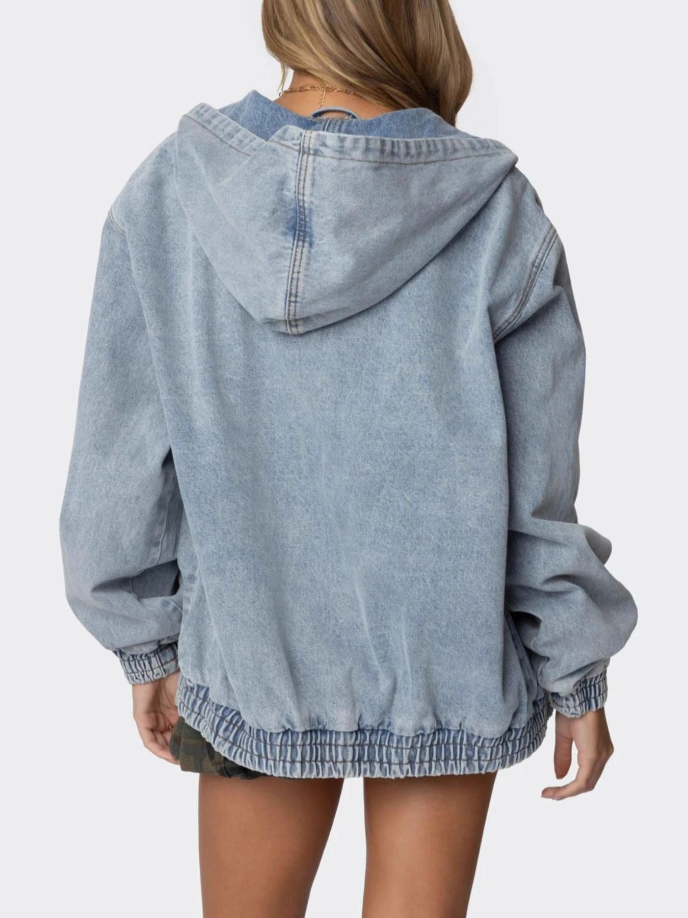 Hooded Oversized Zip Up Denim Jacket - cas7m