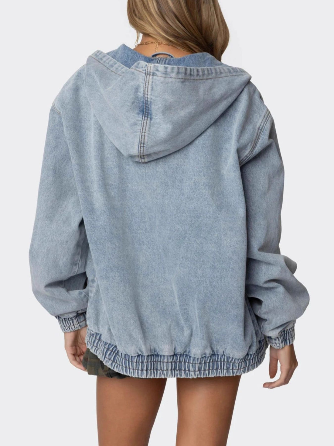 Hooded Oversized Zip Up Denim Jacket - cas7m