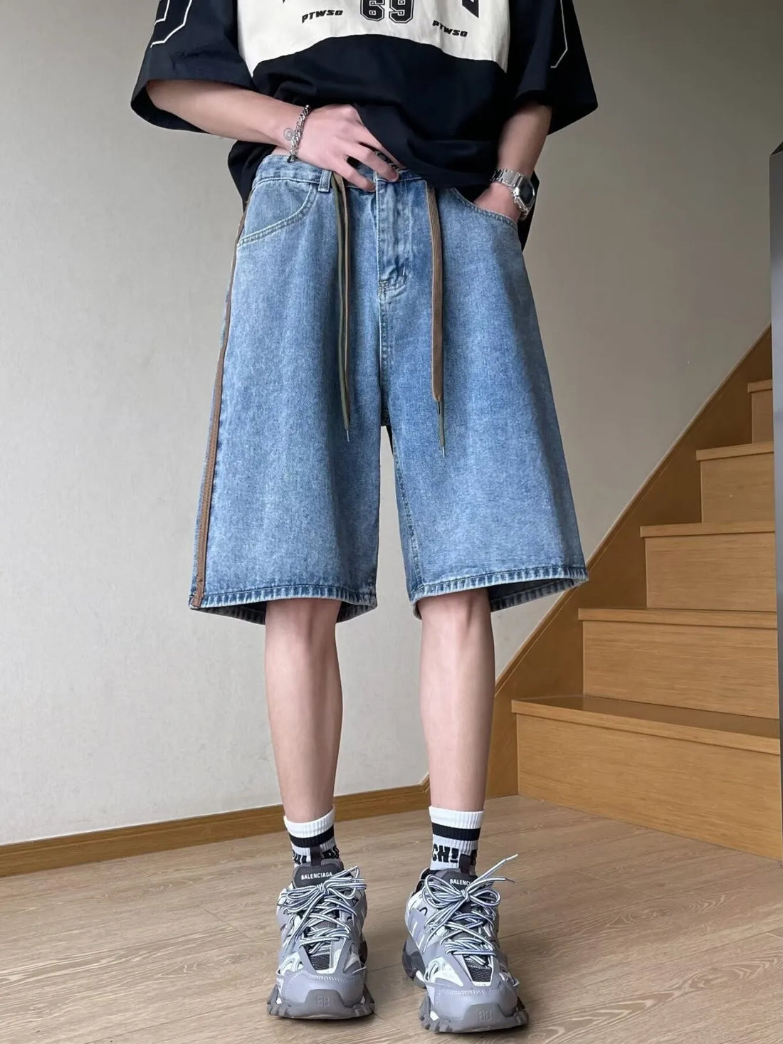 Men's Full Size Drawstring Wide-Leg Denim Shorts Plus Size - cas7m
