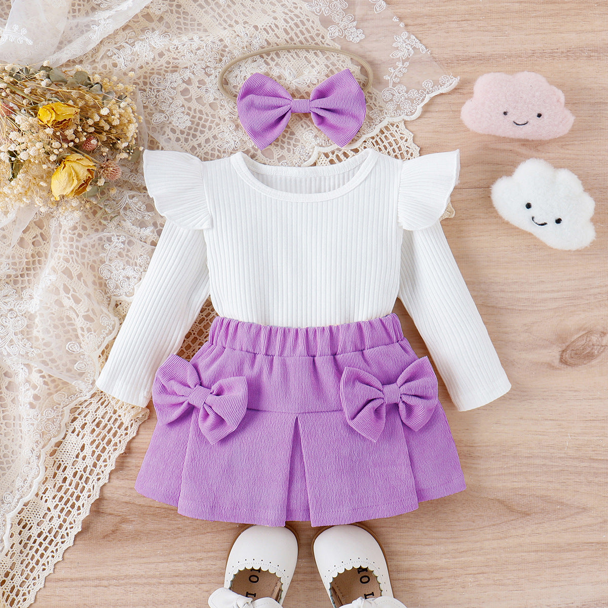 Infant Toddler Lace Bowknot Short Dress With Headdress Three-piece Set - cas7m
