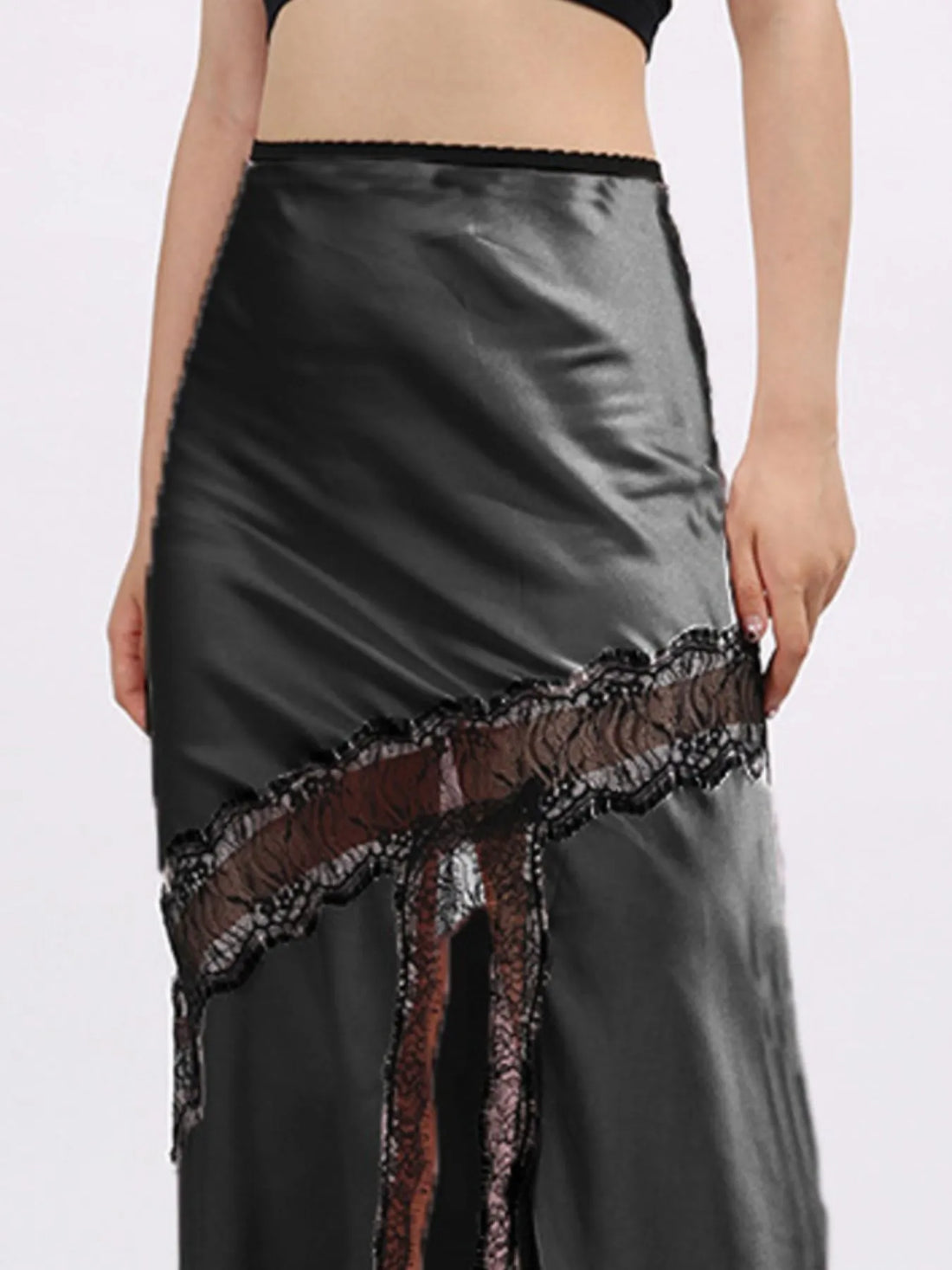 Lace Trim Asymmetrical Midi Skirt - cas7m