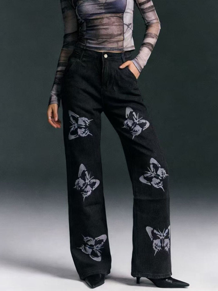 Butterfly Print High-Waisted Wide Leg Jeans - cas7m