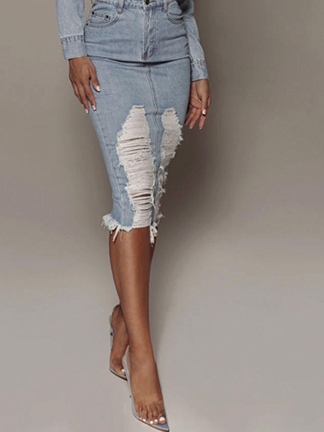 Distressed Slit Denim Skirt - cas7m