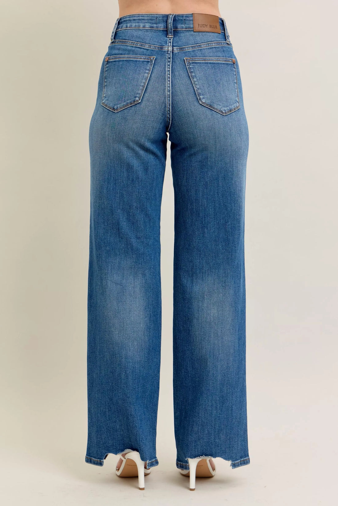Judy Blue Full Size High Waist Tummy Control Chew Hem Destroy Wide Jeans Plus Size - cas7m