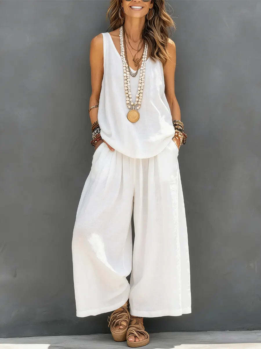 Womens Solid-Colored Casual Sleeveless Tank Top And Wide-Leg Pants Cotton-Linen Set For Daily Wear Holiday Outfit - cas7m