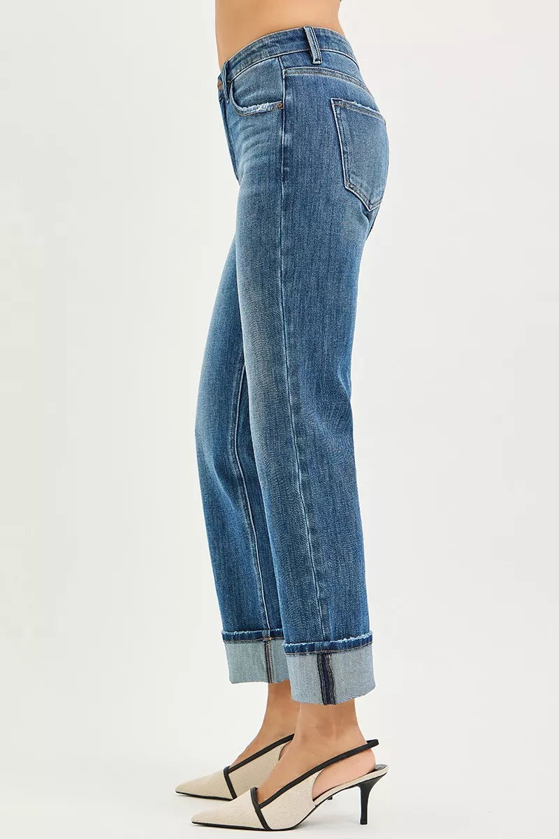 RISEN Full Size 4 Way Stretch Slouchy Straight Jeans with Cuffed Hem Plus Size - cas7m