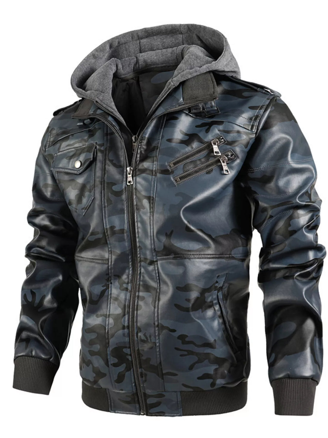 Men's Full Size Camouflage Hooded Faux Leather Jacket Plus Size - cas7m