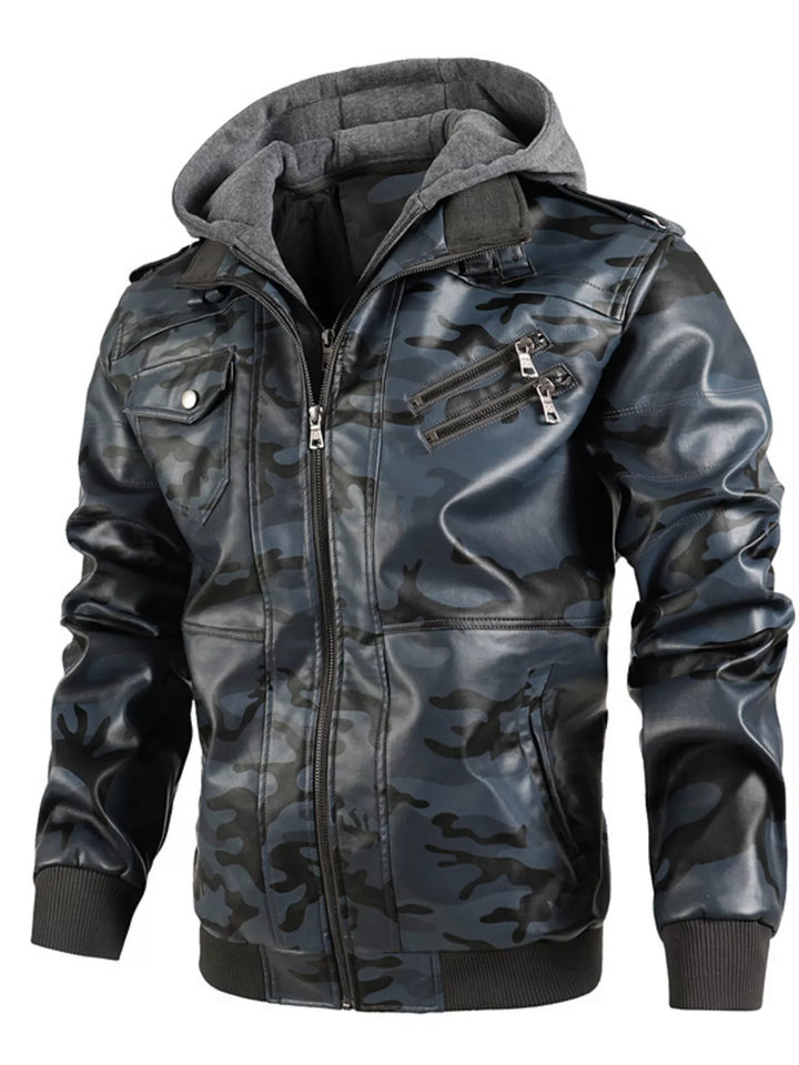 Men's Full Size Camouflage Hooded Faux Leather Jacket Plus Size - cas7m