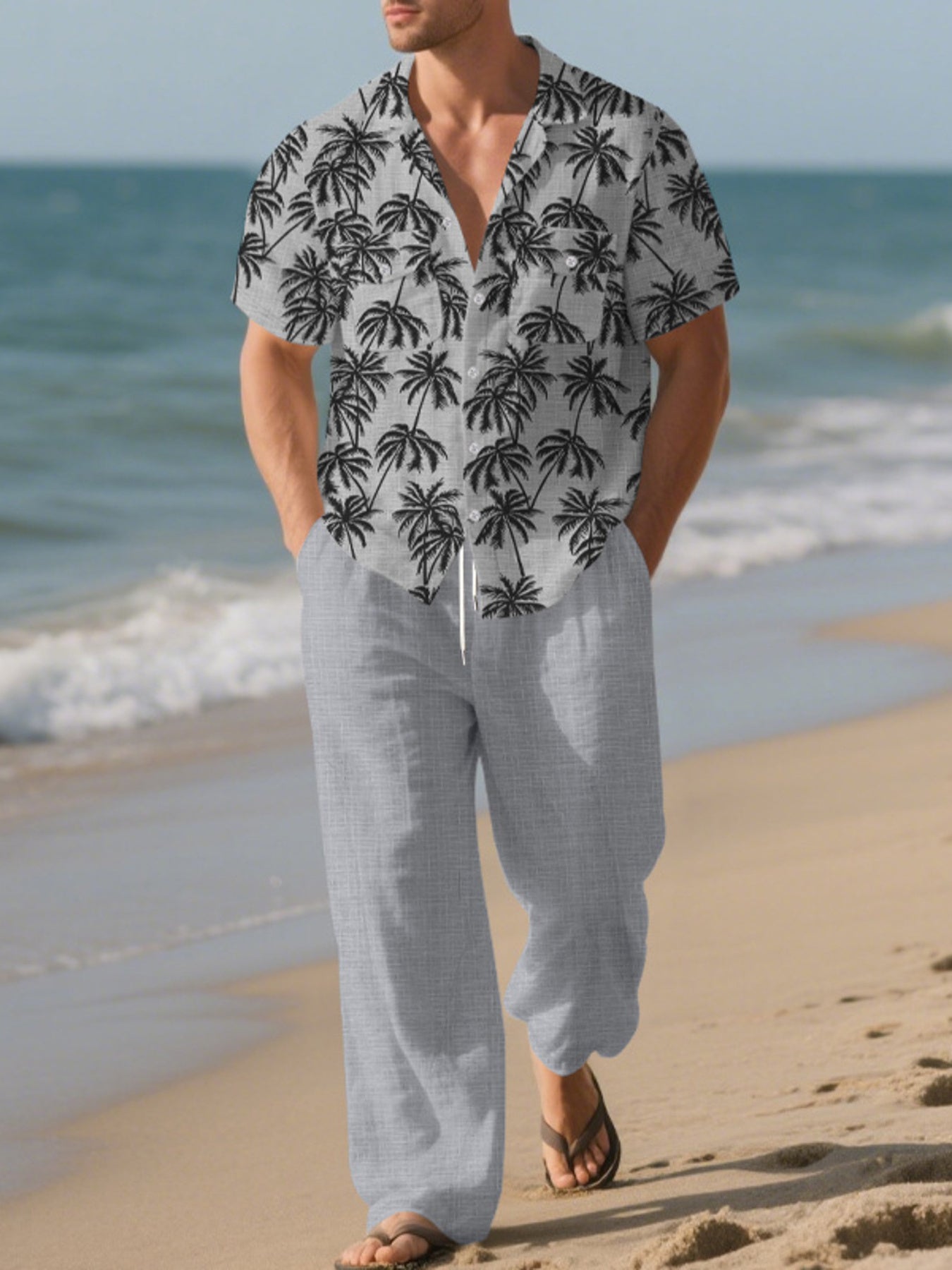 Men's Full Size Tropical Palm Print Button Up Shirt and Pants Set Plus Size - cas7m