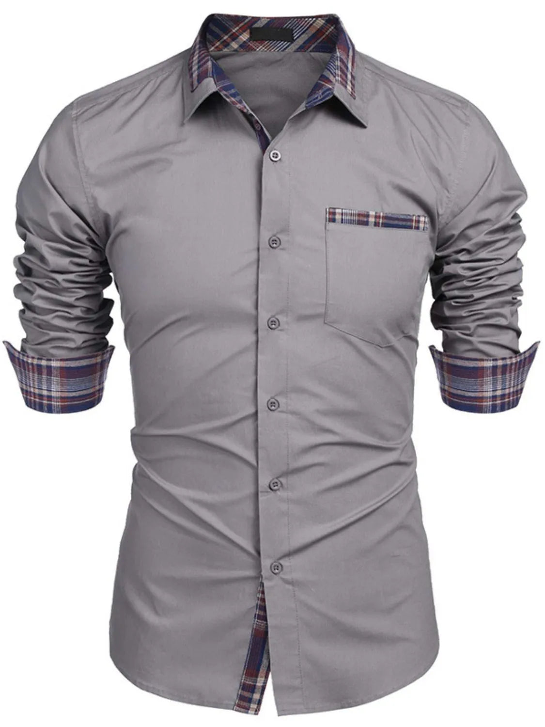 Men's Plaid Collared Neck Long Sleeve Shirt - cas7m
