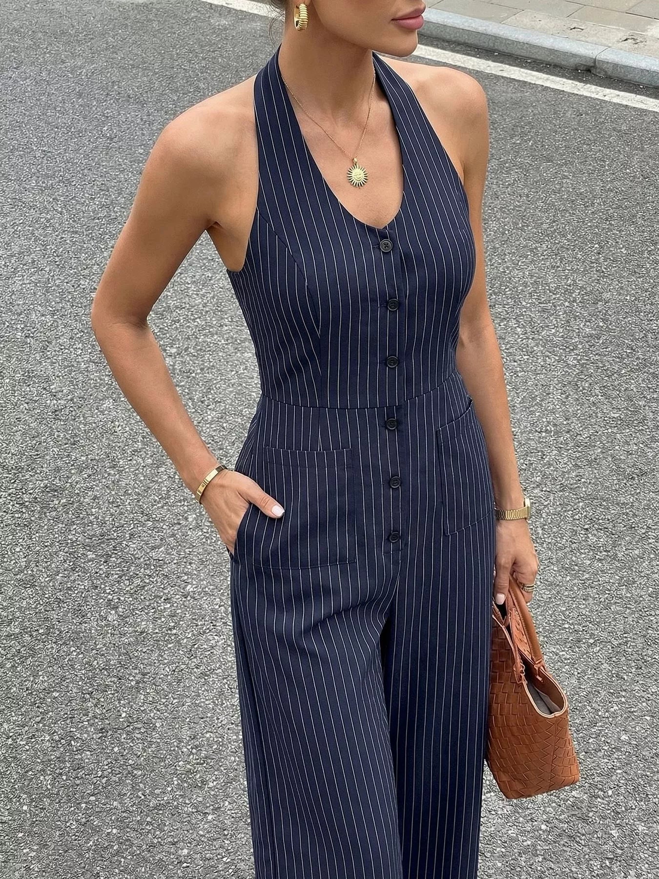 Striped Halter Neck Jumpsuit - cas7m