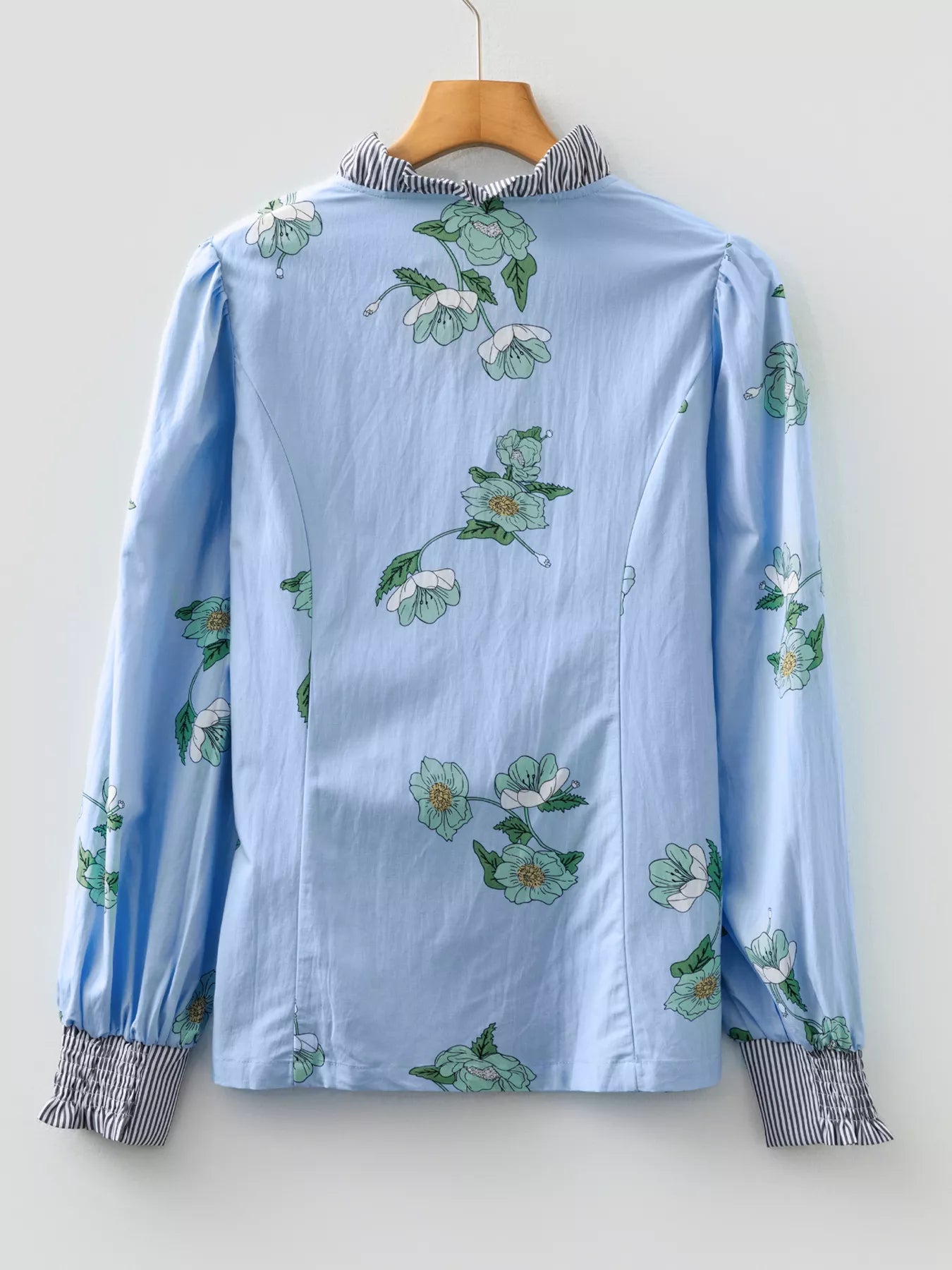 Floral Print Contrast Striped Trim Ruffled V Neck Fall Blouse - cas7m