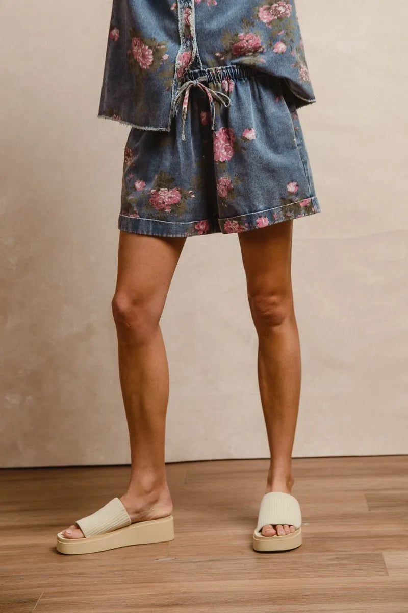 BiBi Floral Printed Denim Short Pants With Pocket - cas7m