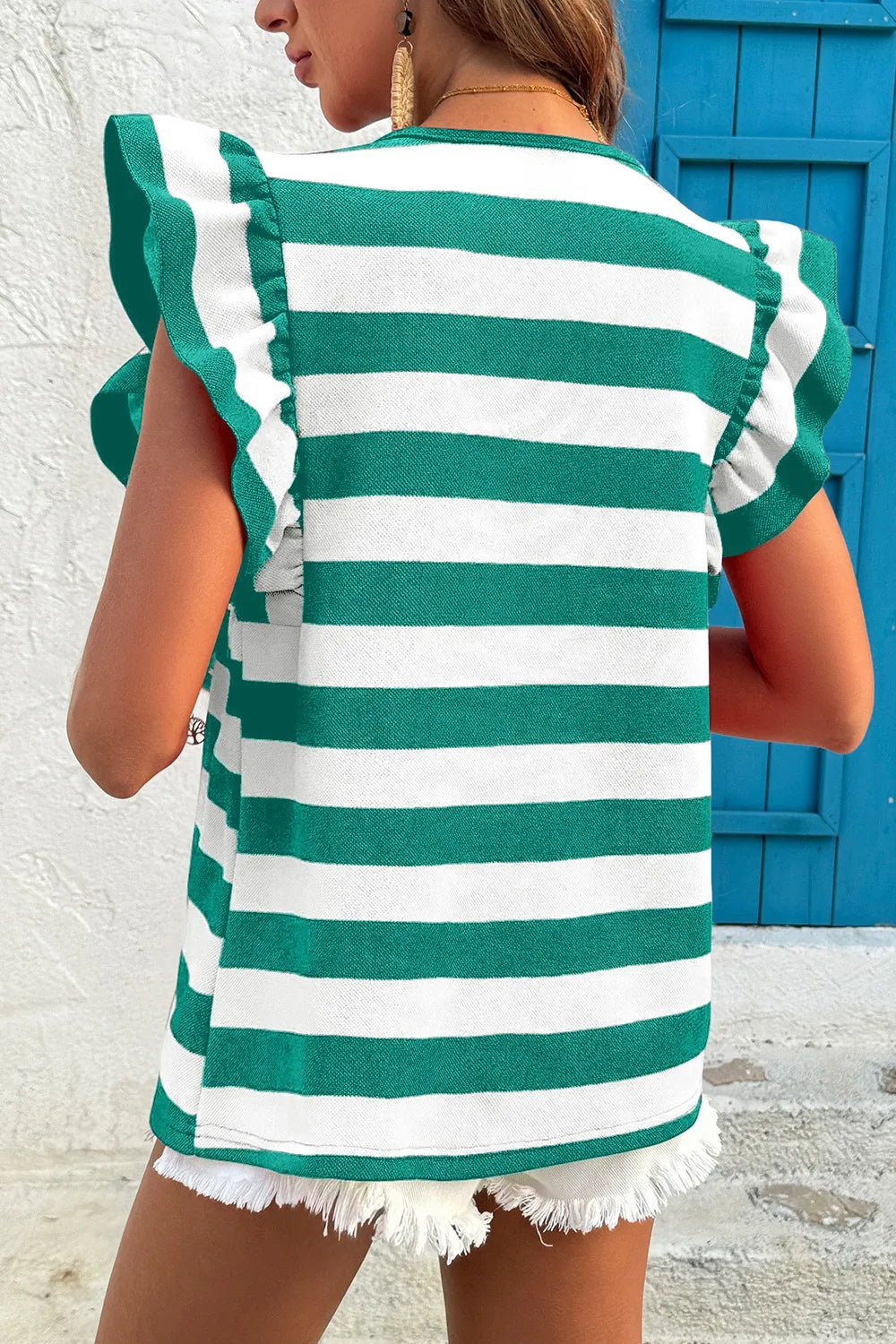 Ruffle Sleeve Striped T-Shirt - cas7m