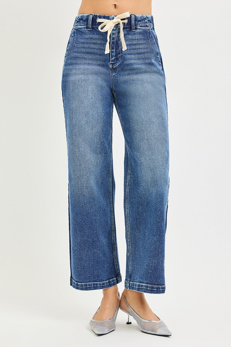 RISEN Elastic Band High Rise Cropped Wide Jeans - cas7m