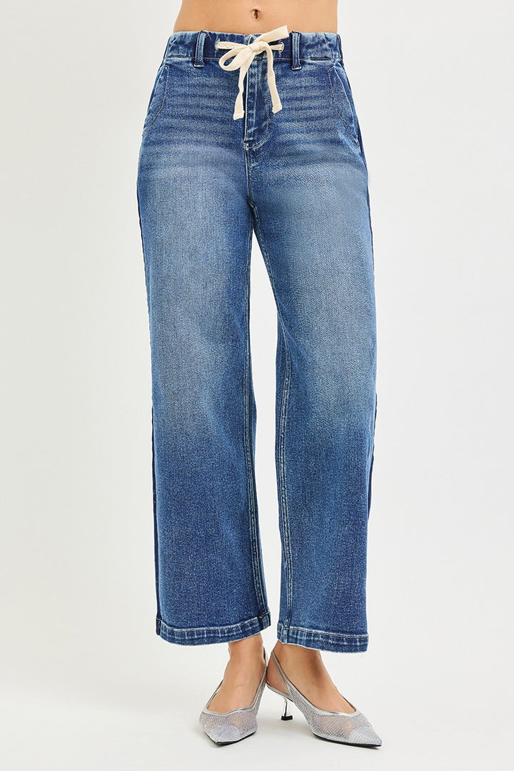 RISEN Elastic Band High Rise Cropped Wide Jeans - cas7m