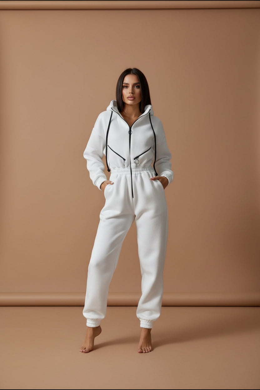 Hooded Zip-Up Long Sleeve Jumpsuit - cas7m