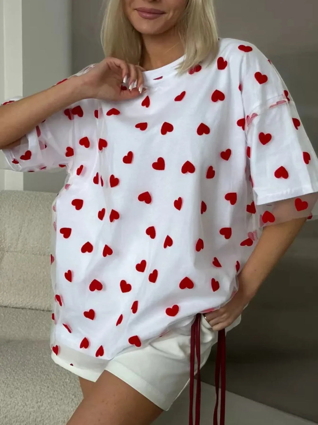 Heart Print Oversized T-Shirt - cas7m