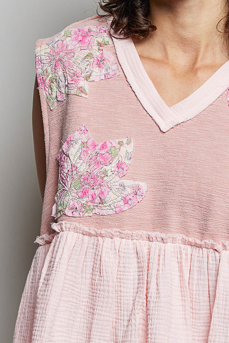 POL Floral Patch Ruffled Sleeveless Top with Raw Edge Detail - cas7m