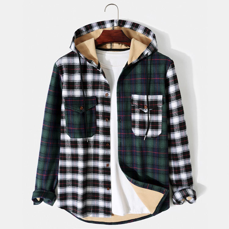 Men's Hooded Jacket Fashion Casual Long Sleeve Plaid Jacket - cas7m