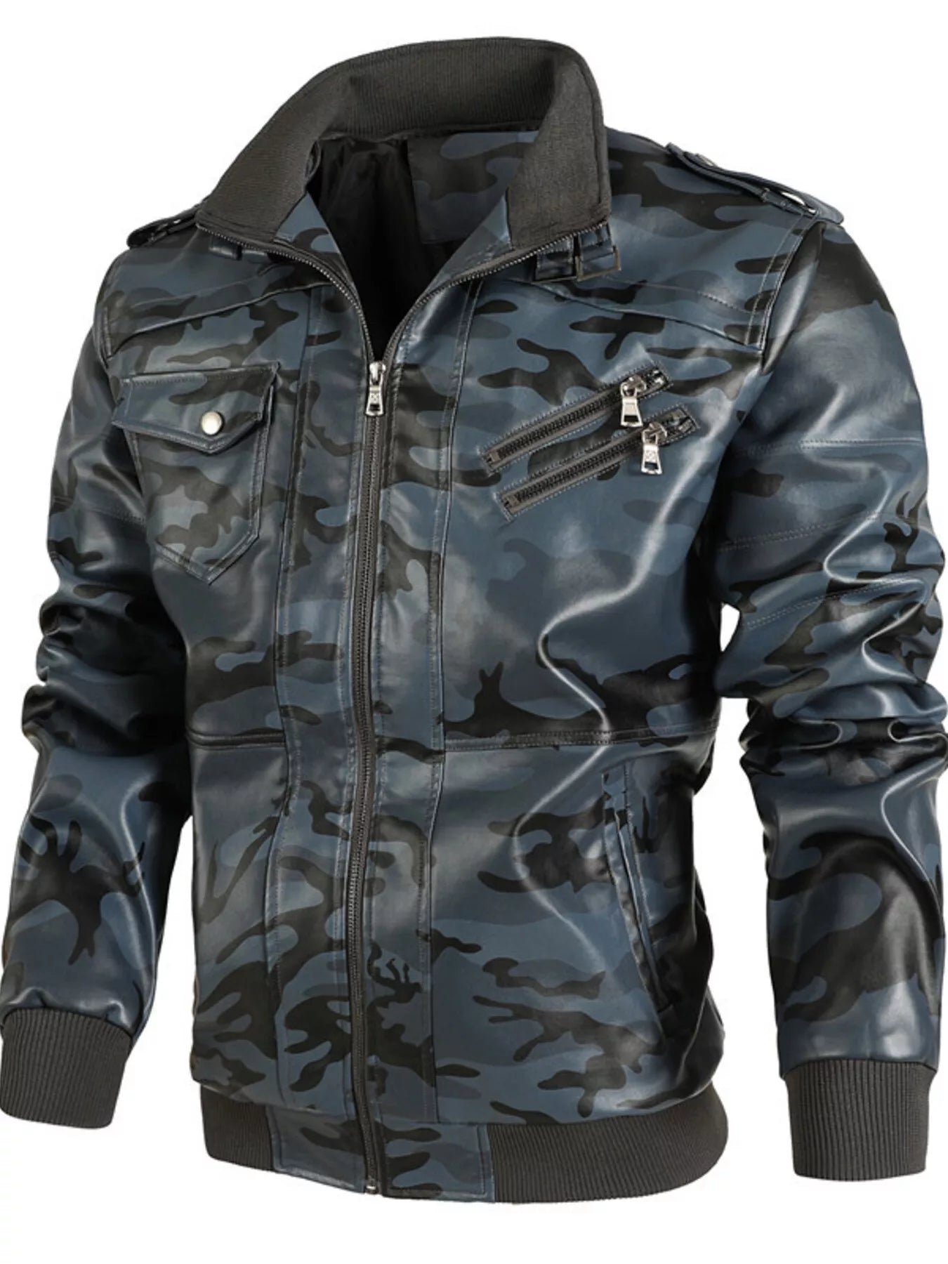 Men's Full Size Zip Up Camouflage Faux Leather Jacket Plus Size - cas7m