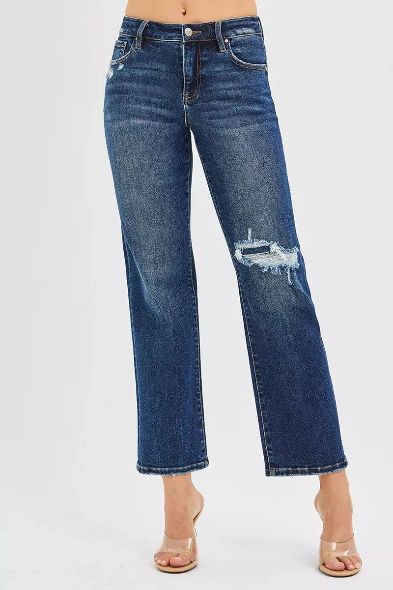 RISEN High Rise Crop Slim Straight Jenas with Hidden Knee Patch - cas7m