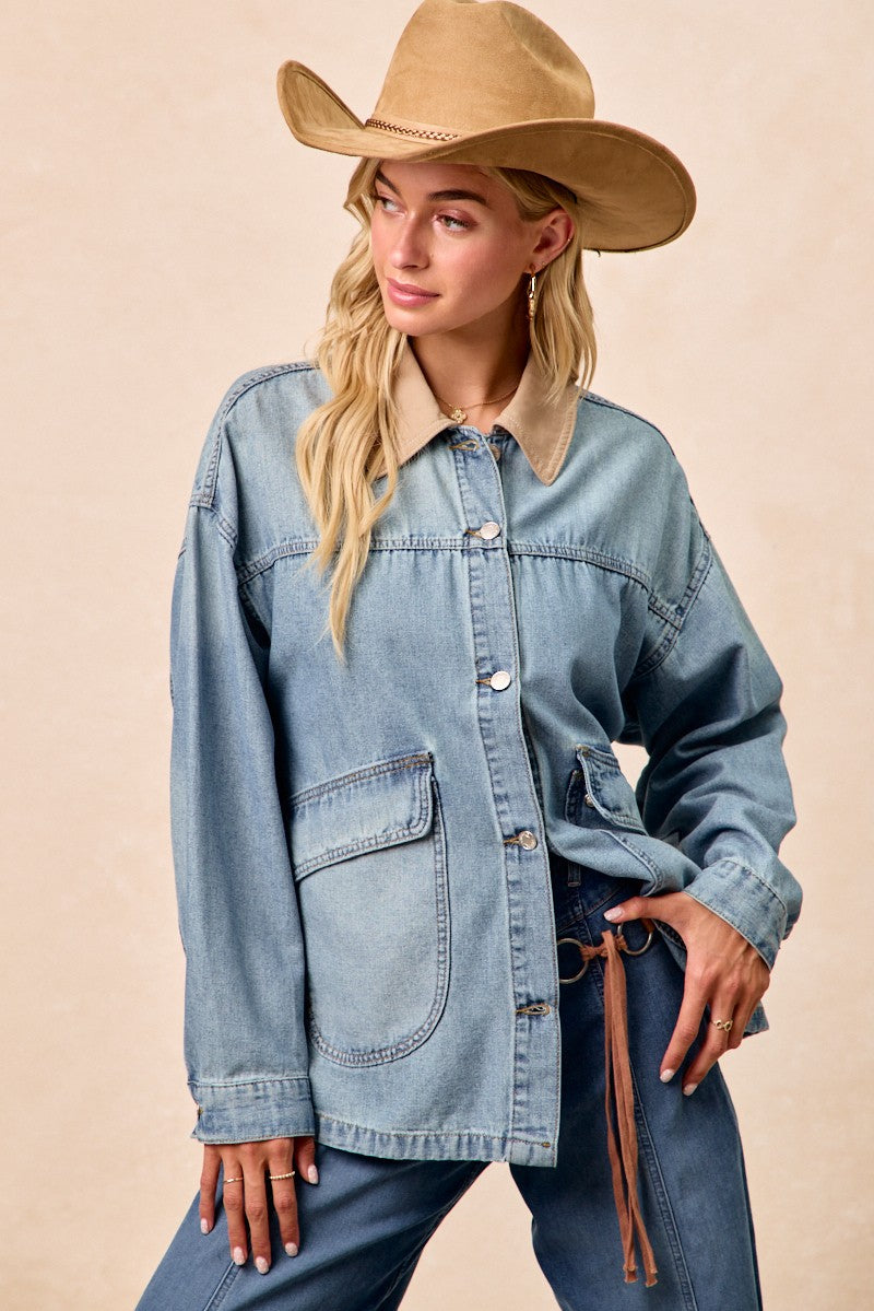 BiBi Washed Denim Jacket with Contrast Collar Detail - cas7m