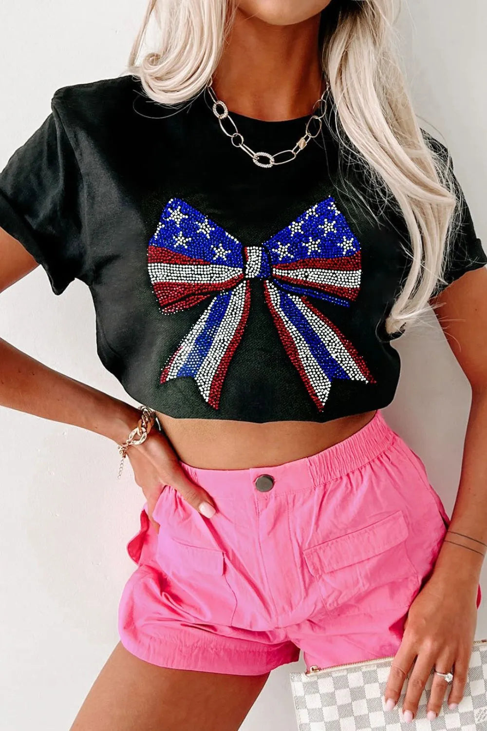 Bow Rhinestone Round Neck T-Shirt - cas7m