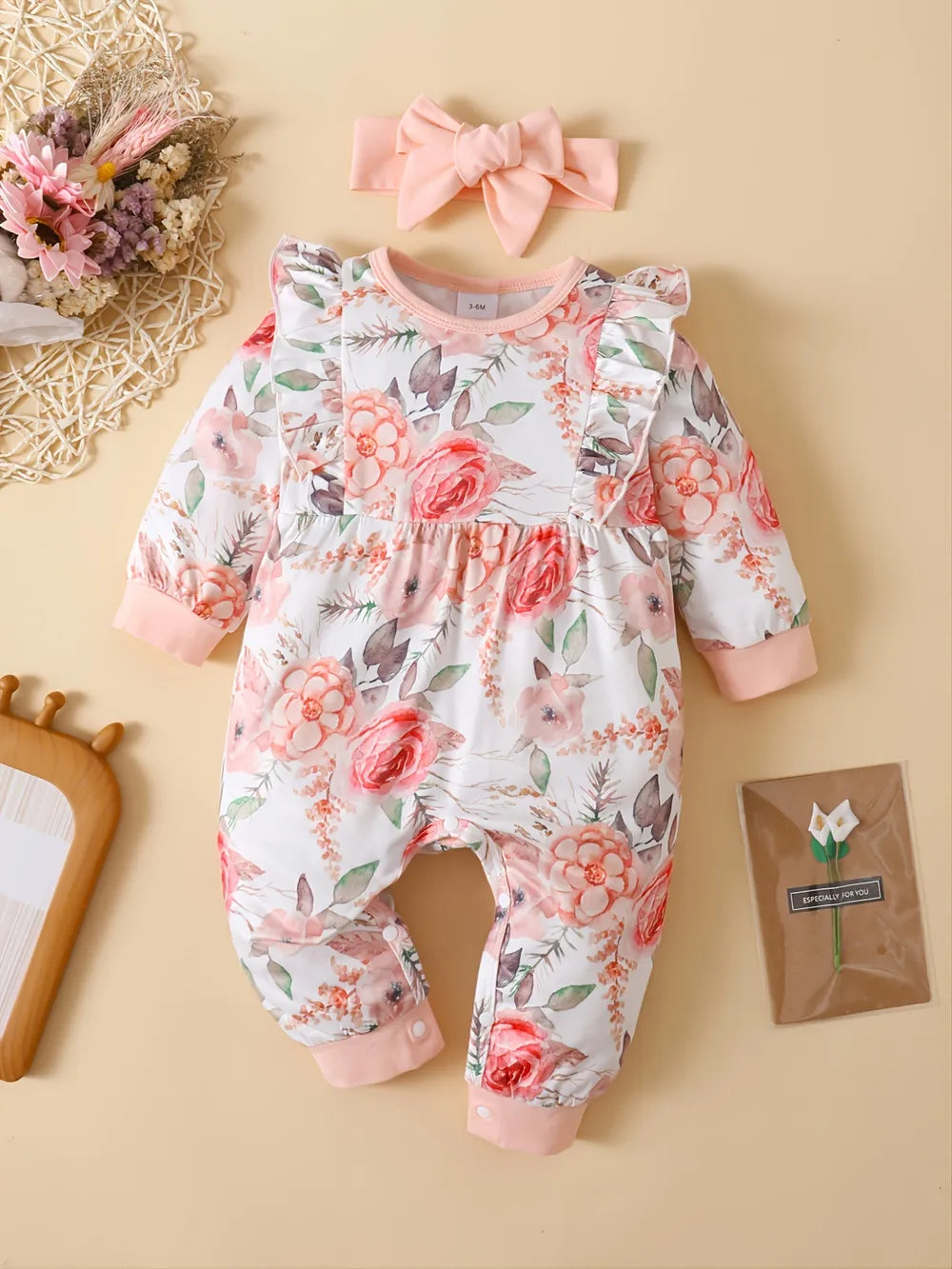 Ruffled Floral Round Neck Jumpsuit with Headband - cas7m