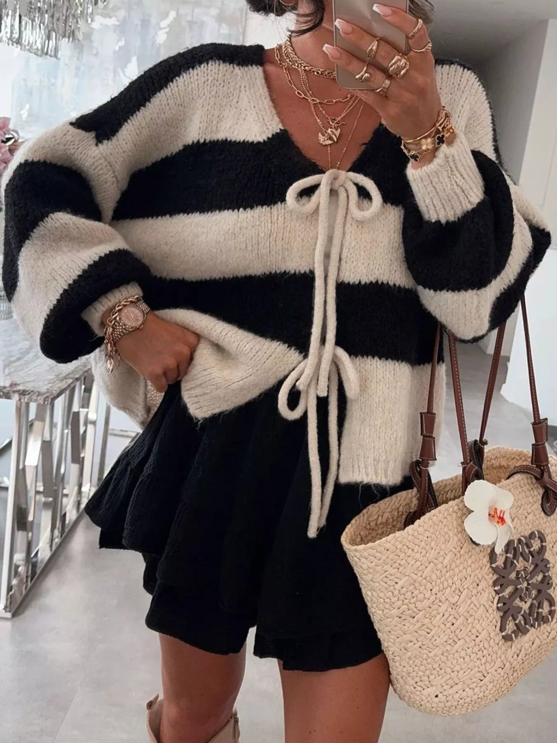 Striped Tie-Front Knit Cardigan - cas7m