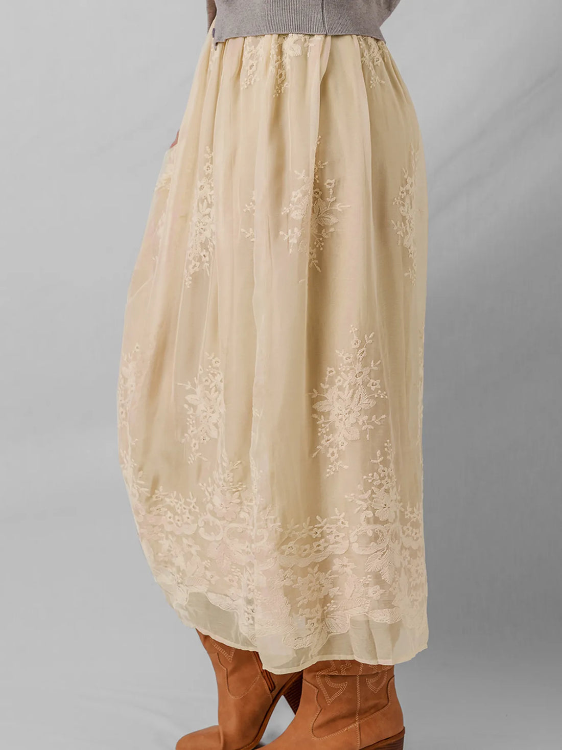 Embroidered Mesh Overlay Flowy Midi Skirt - cas7m