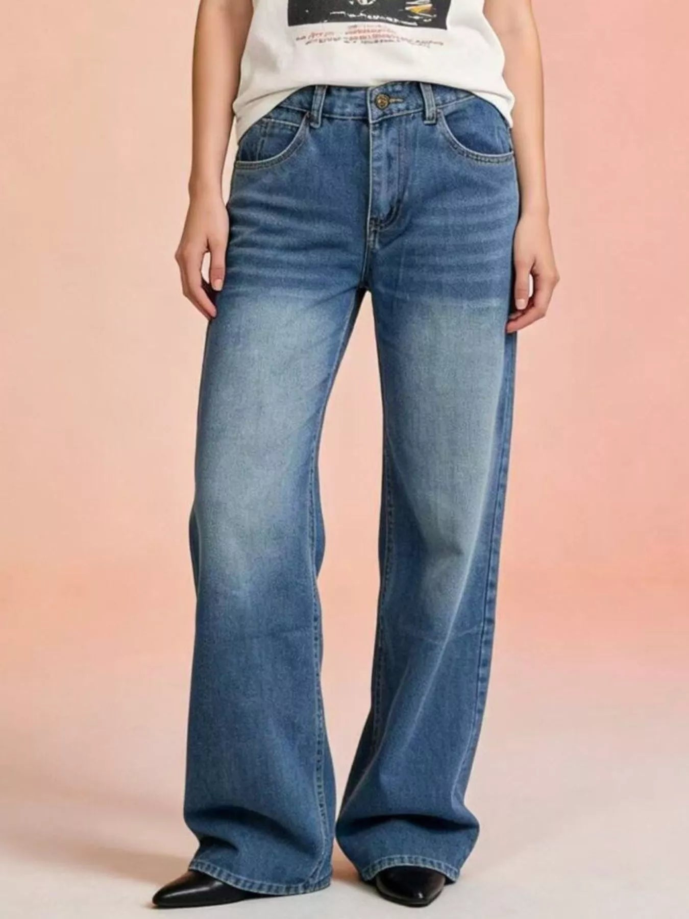 Vintage Wash Wide Leg Jeans - cas7m