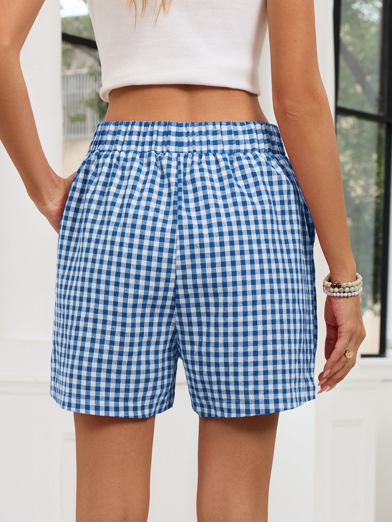 Gingham Elastic Waist Casual Shorts - cas7m