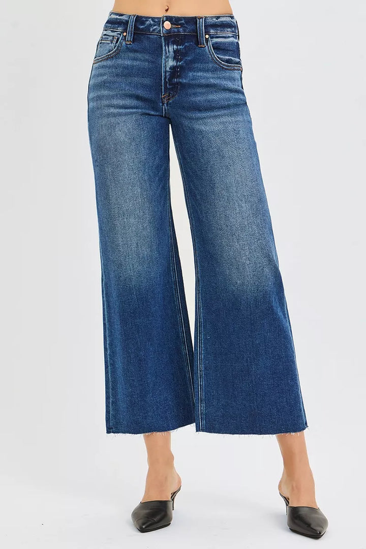 RISEN Full Size Mid Rise Crop Wide Raw Cut Hem Jeans Plus Size - cas7m