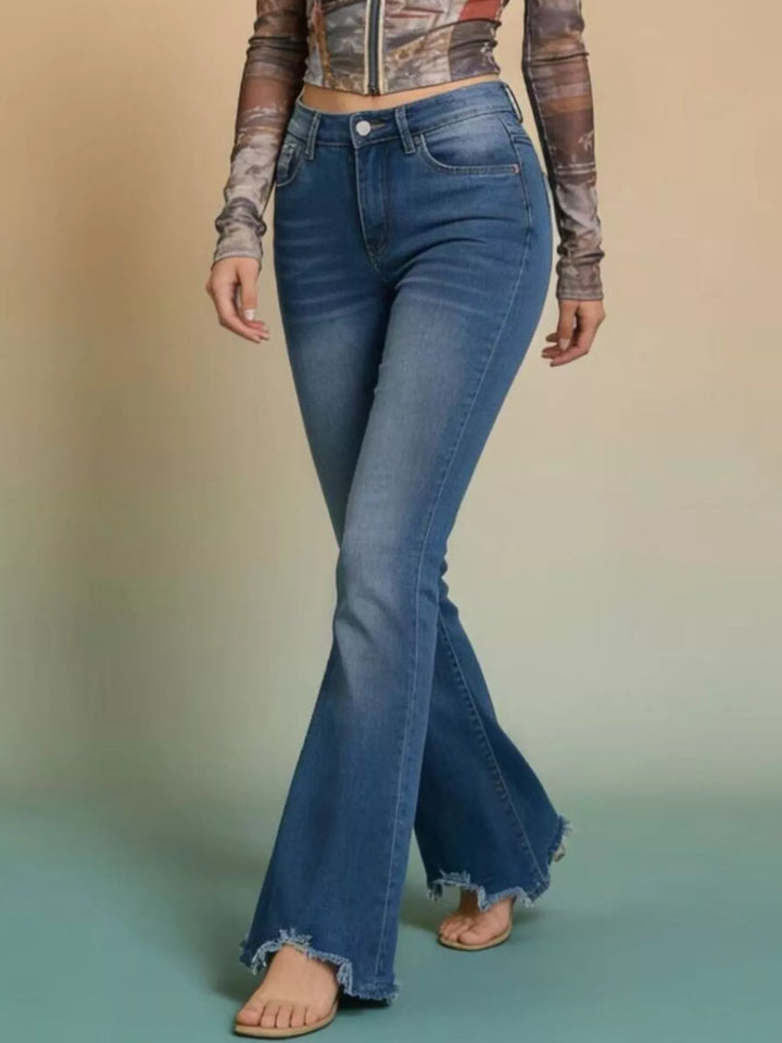 Raw Hem High-Waisted Flare Jeans - cas7m