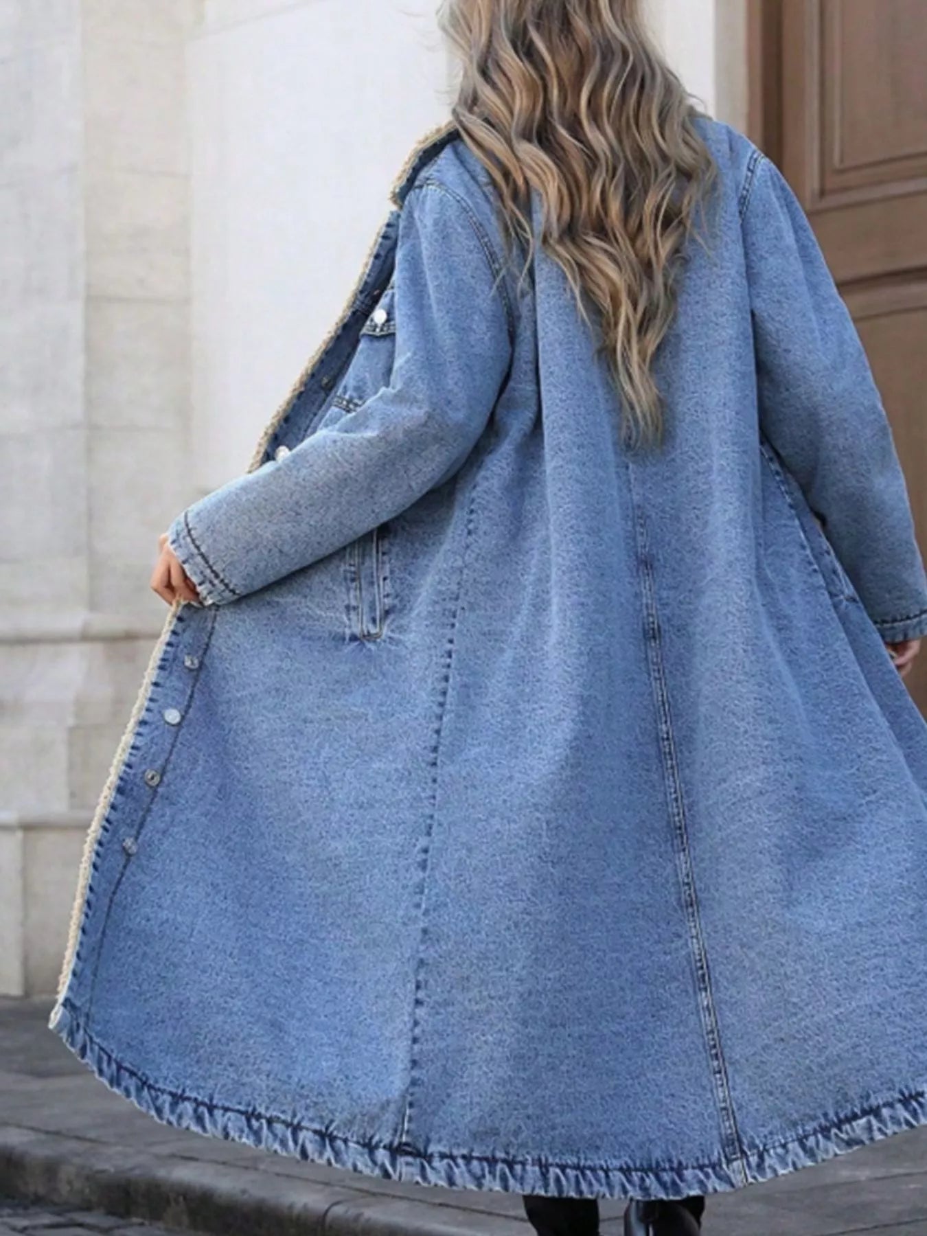 Sherpa Lined Longline Denim Jacket - cas7m