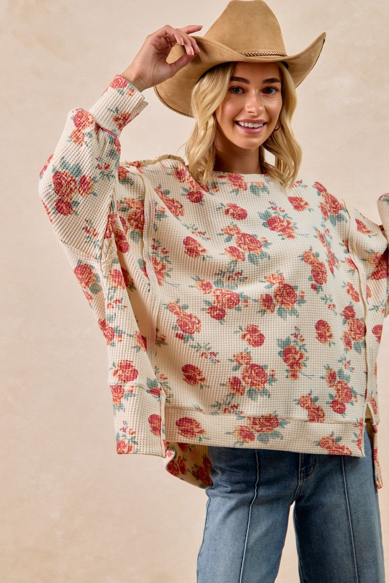 BiBi Floral Print Oversized Waffle Thermal Sweatshirt - cas7m