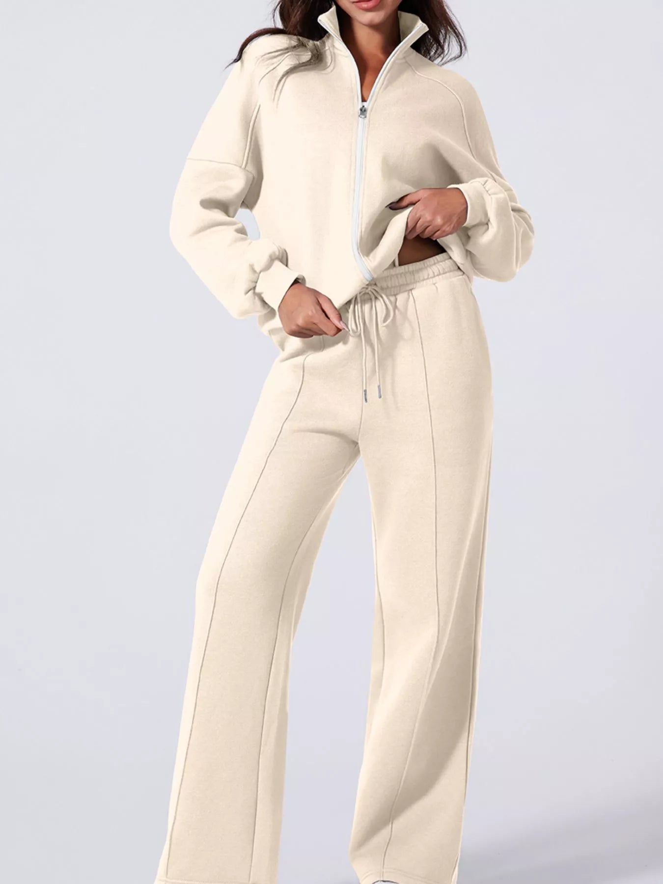 Drop Shoulder Zip Up Jacket and Drawstring Pants Active 2pcs Set - cas7m