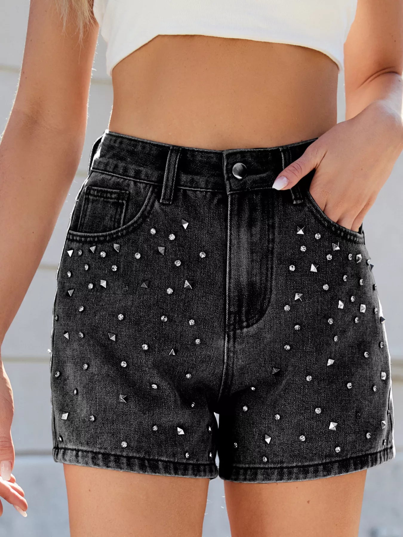 Studded High Waist Denim Shorts - cas7m