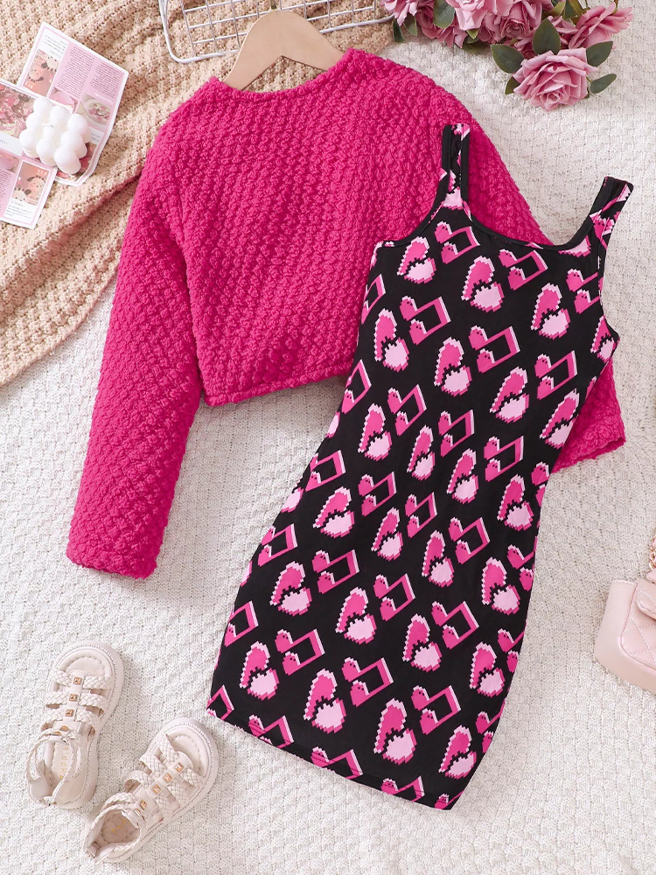 Children's Printed Dress and Cardigan Set - cas7m