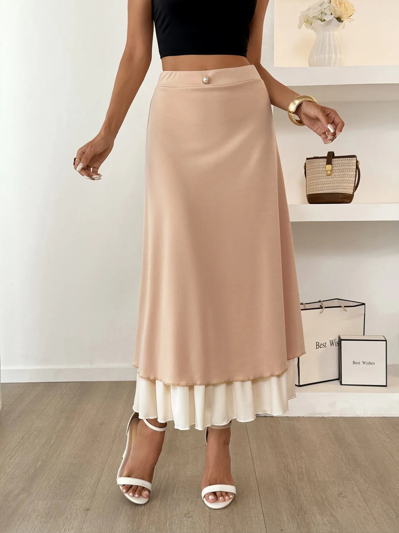 Layered Midi Skirt with Contrast Hem Detail - cas7m