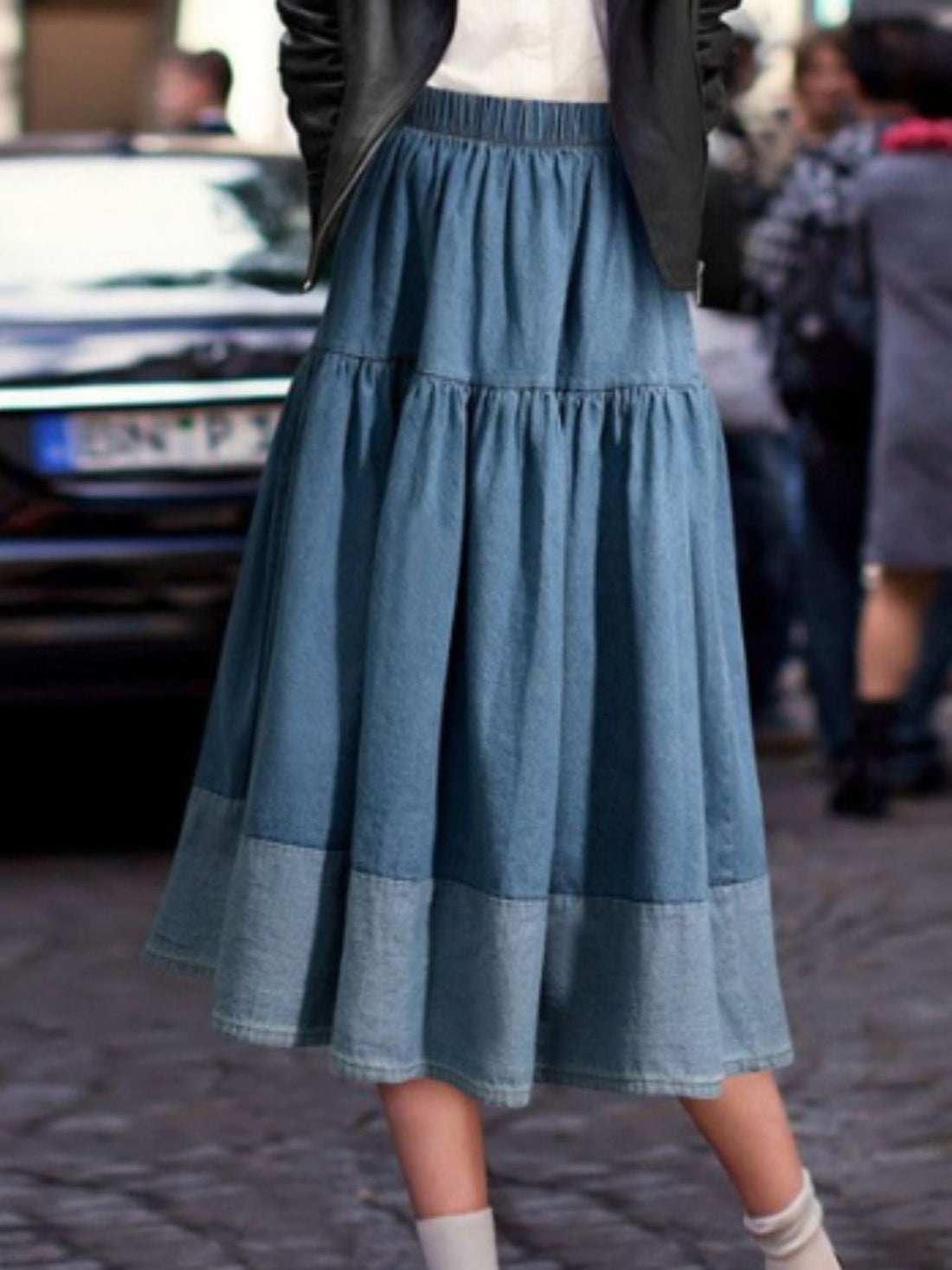 Tiered Denim Midi Skirt - cas7m