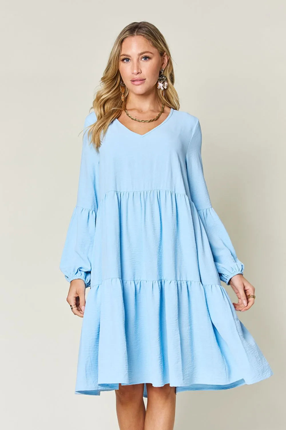 Double Take Full Size V-Neck Balloon Sleeve Tiered Dress with Pockets - cas7m