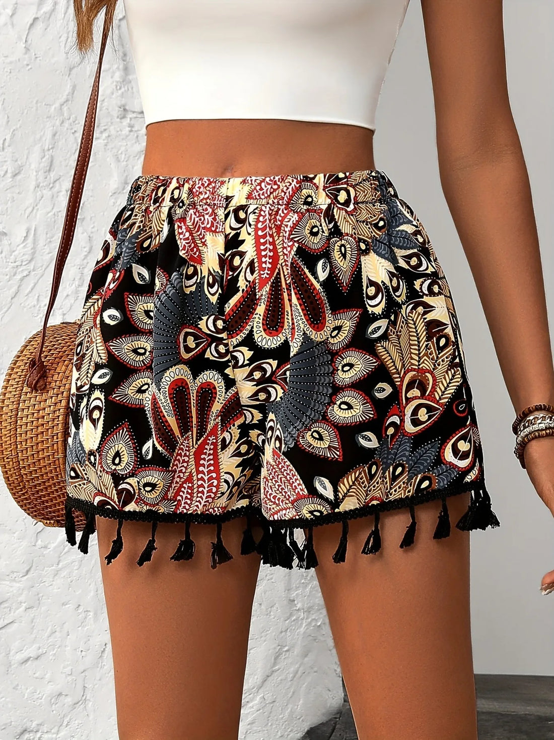 Paisley Print Tassel Hem Shorts - cas7m