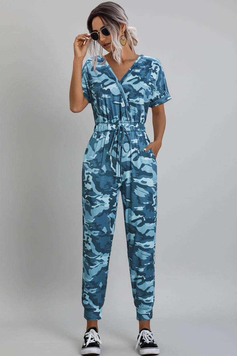Drawstring Waist Short Sleeve Jumpsuit - cas7m